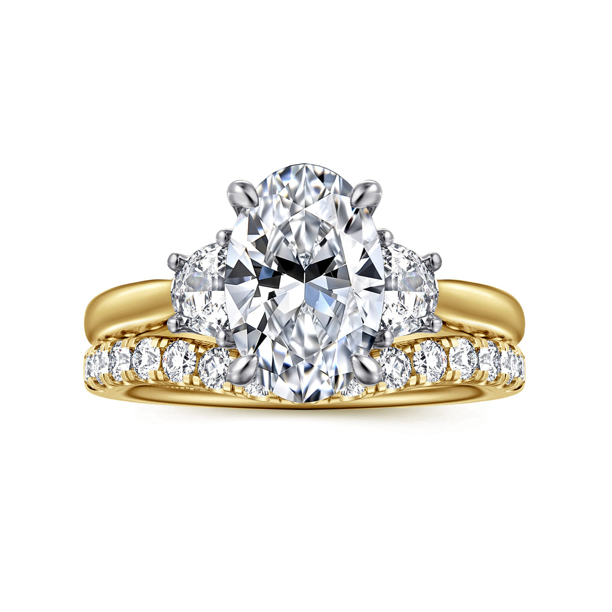 14K White-Yellow Gold Oval Three Stone Lotus Diamond Engagement Ring — Gabriel & Co. ER16508O8M43JJ; center stone shown for illustration, not included