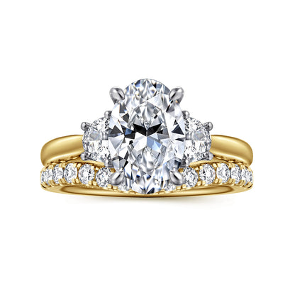 14K White-Yellow Gold Oval Three Stone Lotus Diamond Engagement Ring — Gabriel & Co. ER16508O8M43JJ; center stone shown for illustration, not included