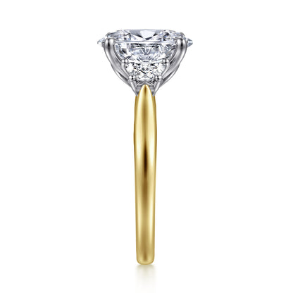 14K White-Yellow Gold Oval Three Stone Lotus Diamond Engagement Ring — Gabriel & Co. ER16508O8M43JJ; center stone shown for illustration, not included