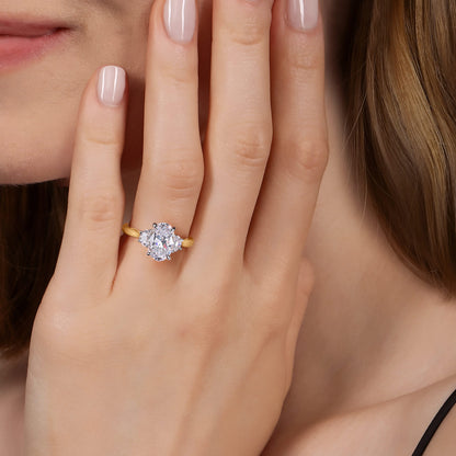 14K White-Yellow Gold Oval Three Stone Lotus Diamond Engagement Ring — Gabriel & Co. ER16508O8M43JJ; center stone shown for illustration, not included