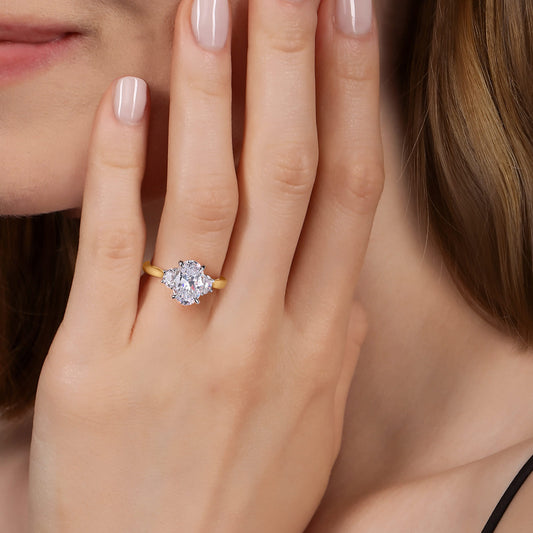 14K White-Yellow Gold Oval Three Stone Lotus Diamond Engagement Ring — Gabriel & Co. ER16508O8M43JJ; center stone shown for illustration, not included