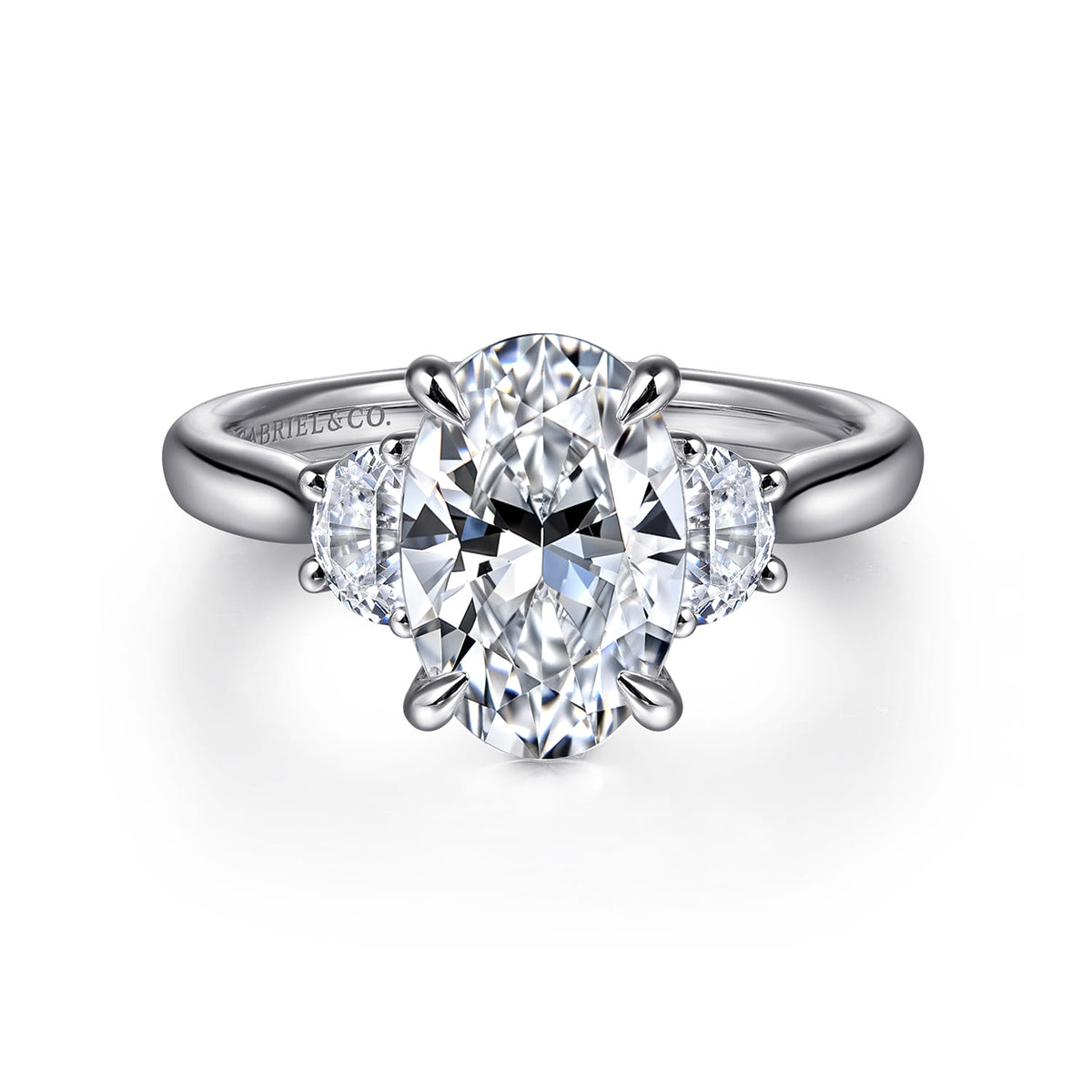 14K White Gold Oval Three Stone Lotus Diamond Engagement Ring — Gabriel & Co. ER16508O8W43JJ; center stone shown for illustration, not included