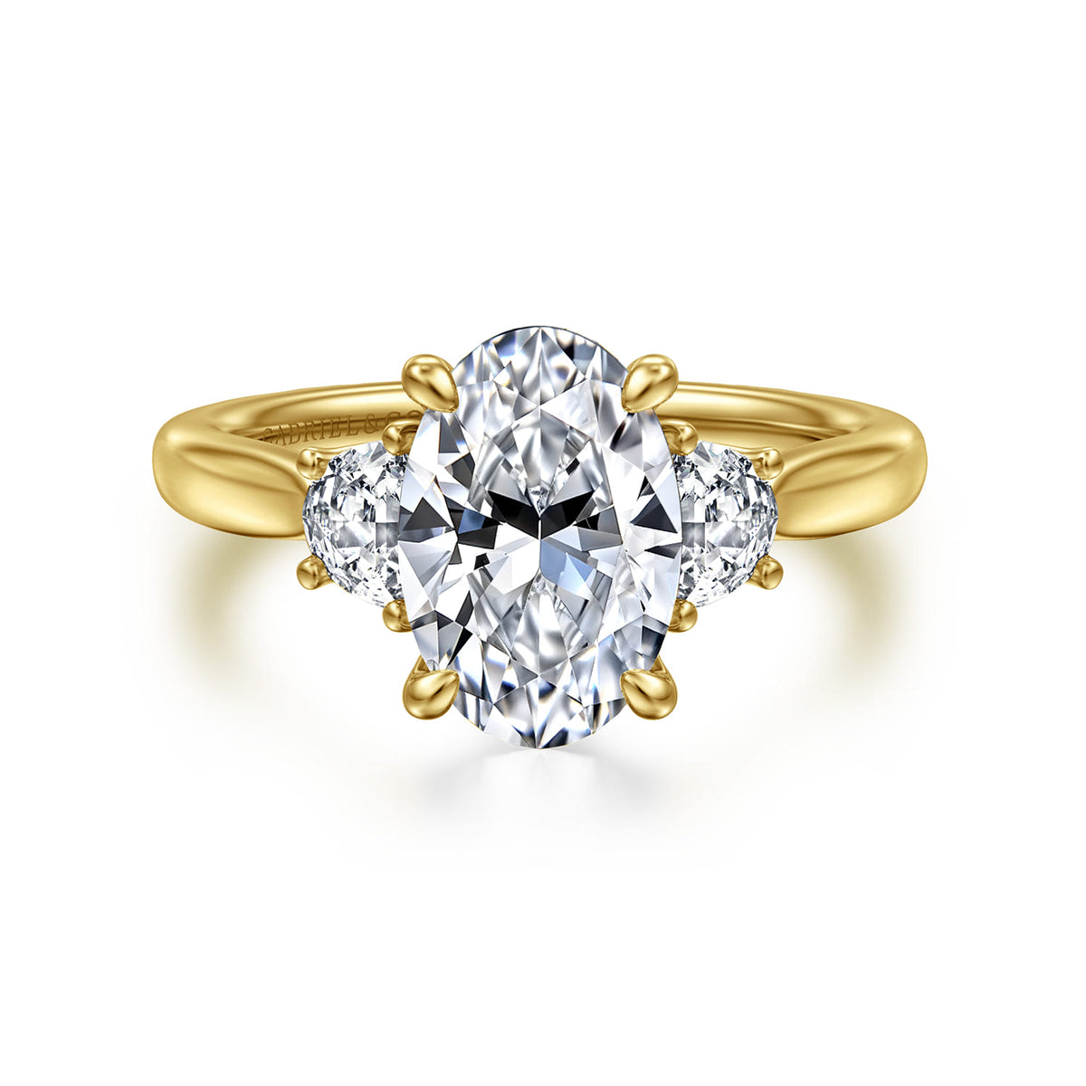 14K Yellow Gold Oval Three Stone Lotus Diamond Engagement Ring — Gabriel & Co. ER16508O8Y43JJ; center stone shown for illustration, not included