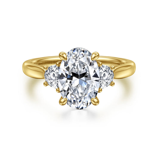 14K Yellow Gold Oval Three Stone Lotus Diamond Engagement Ring — Gabriel & Co. ER16508O8Y43JJ; center stone shown for illustration, not included