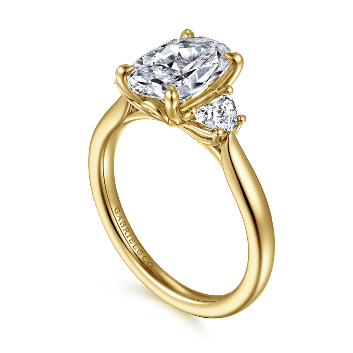 14K Yellow Gold Oval Three Stone Lotus Diamond Engagement Ring — Gabriel & Co. ER16508O8Y43JJ; center stone shown for illustration, not included