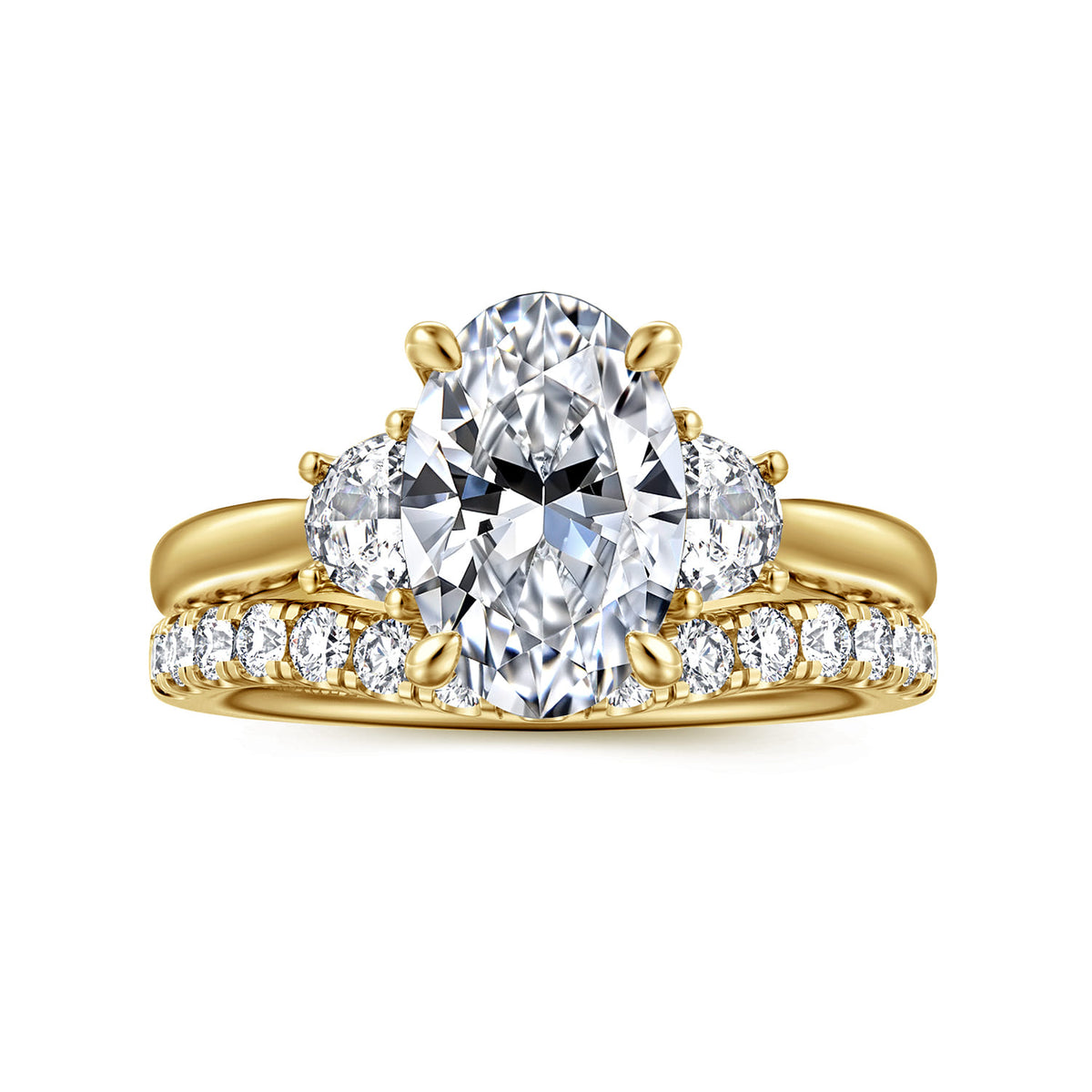 14K Yellow Gold Oval Three Stone Lotus Diamond Engagement Ring — Gabriel & Co. ER16508O8Y43JJ; center stone shown for illustration, not included