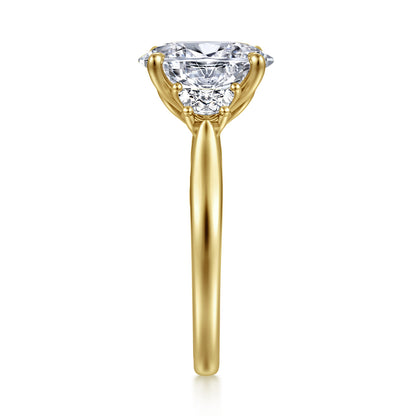 14K Yellow Gold Oval Three Stone Lotus Diamond Engagement Ring — Gabriel & Co. ER16508O8Y43JJ; center stone shown for illustration, not included