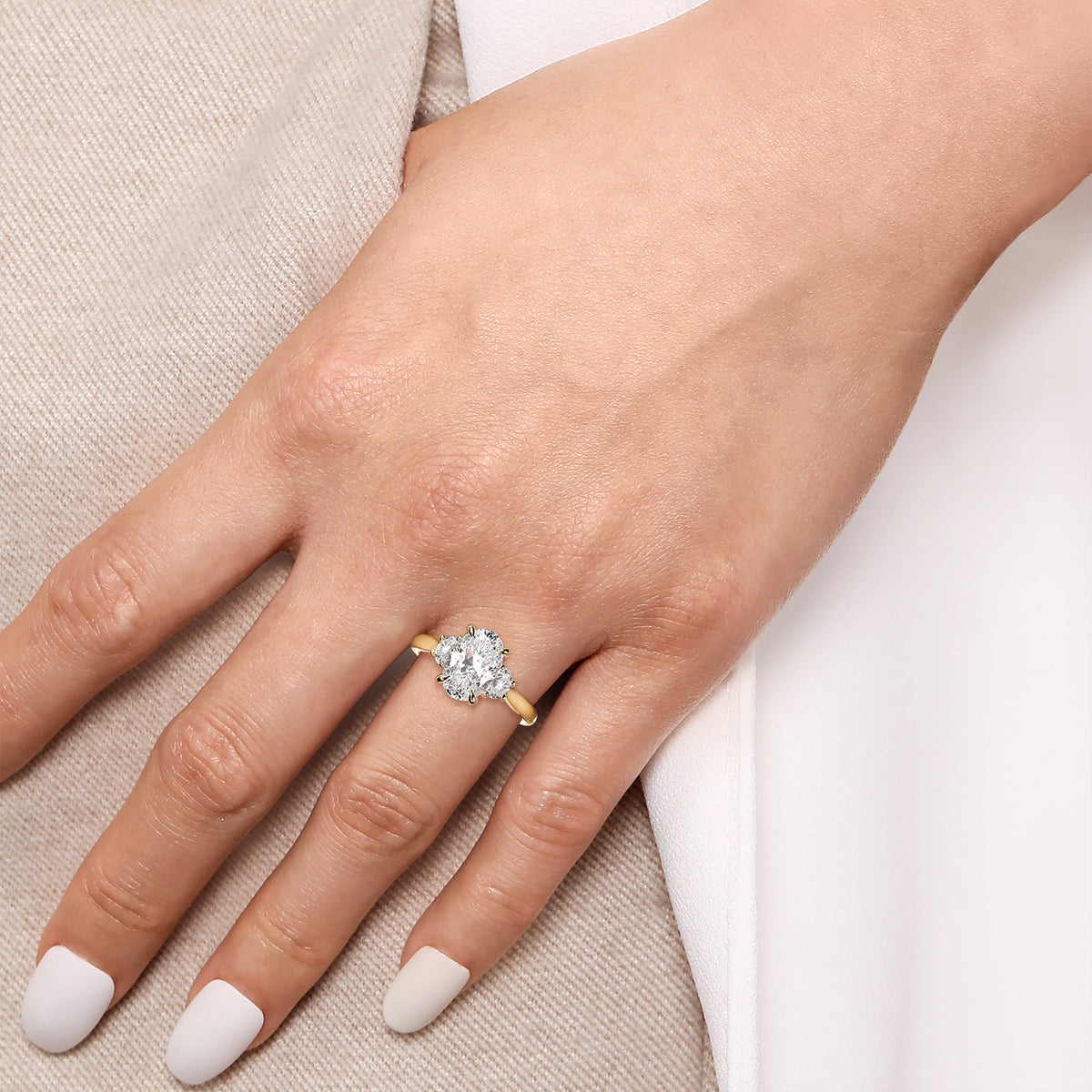 14K Yellow Gold Oval Three Stone Lotus Diamond Engagement Ring — Gabriel & Co. ER16508O8Y43JJ; center stone shown for illustration, not included