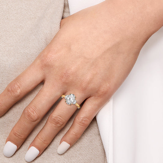14K Yellow Gold Oval Three Stone Lotus Diamond Engagement Ring — Gabriel & Co. ER16508O8Y43JJ; center stone shown for illustration, not included