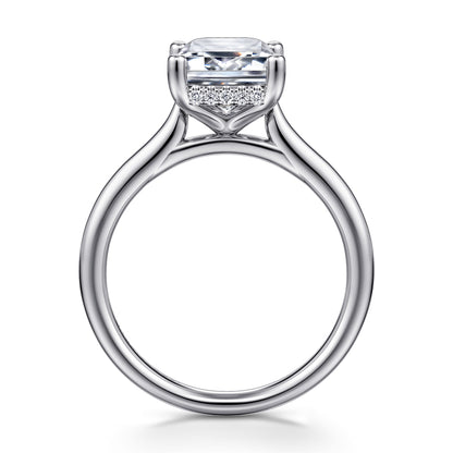 14K White Gold Emerald Cut Solitaire Diamond Engagement Ring — Gabriel & Co. ER16512E12W44JJ; center stone shown for illustration, not included