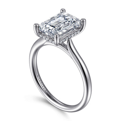 14K White Gold Emerald Cut Solitaire Diamond Engagement Ring — Gabriel & Co. ER16512E12W44JJ; center stone shown for illustration, not included