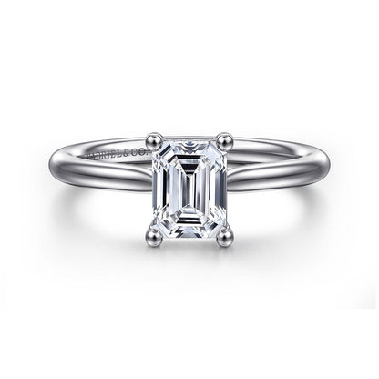 14K White Gold Emerald Cut Solitaire Diamond Engagement Ring — Gabriel & Co. ER16512E4W44JJ; center stone shown for illustration, not included