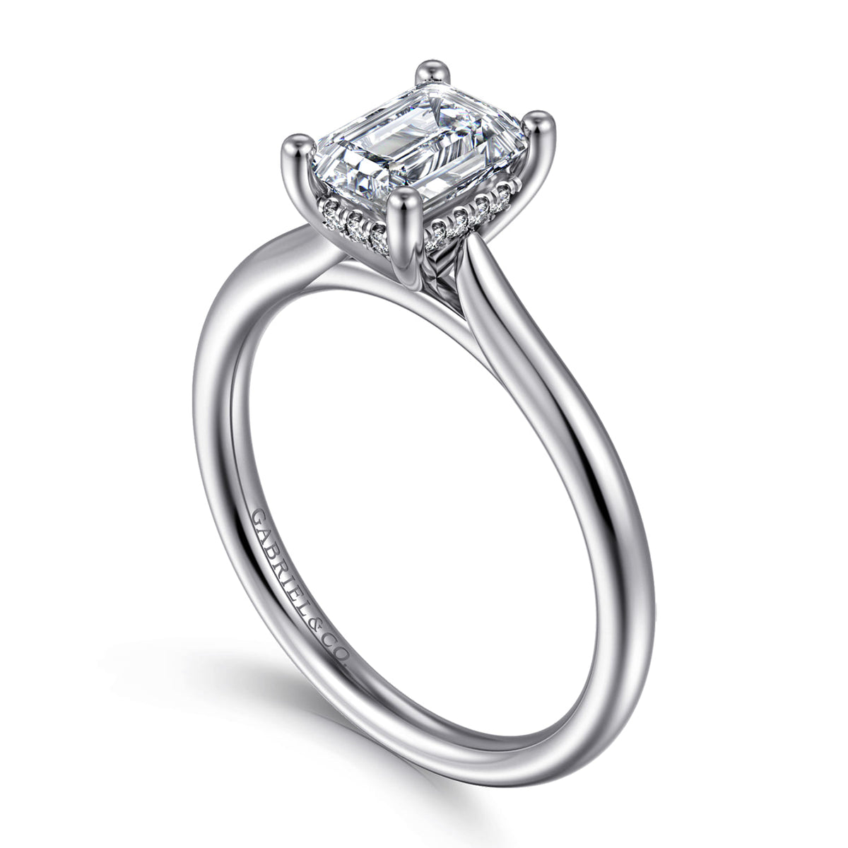 14K White Gold Emerald Cut Solitaire Diamond Engagement Ring — Gabriel & Co. ER16512E4W44JJ; center stone shown for illustration, not included
