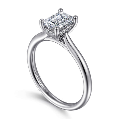 14K White Gold Emerald Cut Solitaire Diamond Engagement Ring — Gabriel & Co. ER16512E4W44JJ; center stone shown for illustration, not included