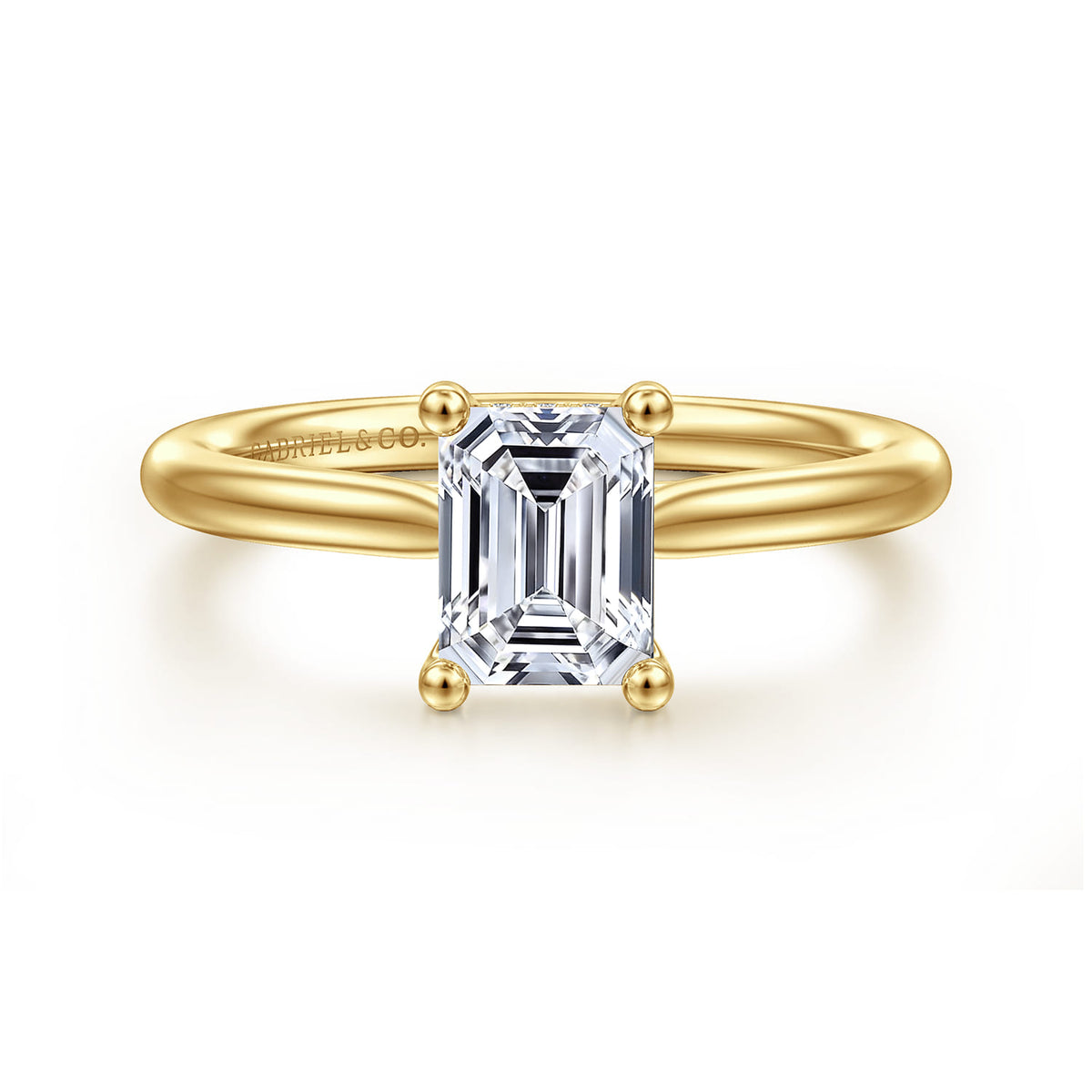 14K Yellow Gold Emerald Cut Solitaire Diamond Engagement Ring — Gabriel & Co. ER16512E4Y44JJ; center stone shown for illustration, not included