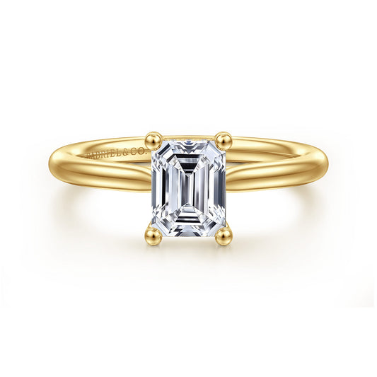14K Yellow Gold Emerald Cut Solitaire Diamond Engagement Ring — Gabriel & Co. ER16512E4Y44JJ; center stone shown for illustration, not included