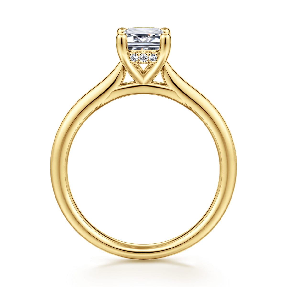 14K Yellow Gold Emerald Cut Solitaire Diamond Engagement Ring — Gabriel & Co. ER16512E4Y44JJ; center stone shown for illustration, not included