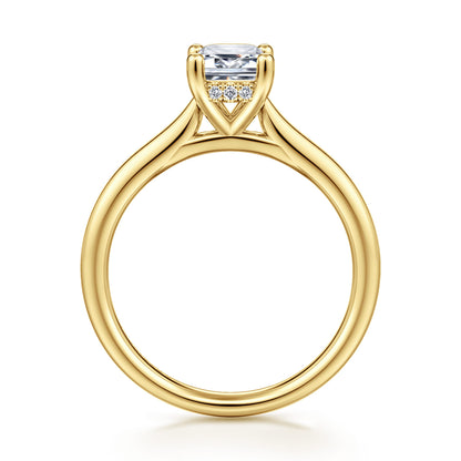 14K Yellow Gold Emerald Cut Solitaire Diamond Engagement Ring — Gabriel & Co. ER16512E4Y44JJ; center stone shown for illustration, not included