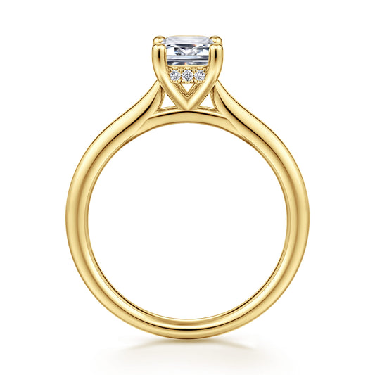 14K Yellow Gold Emerald Cut Solitaire Diamond Engagement Ring — Gabriel & Co. ER16512E4Y44JJ; center stone shown for illustration, not included