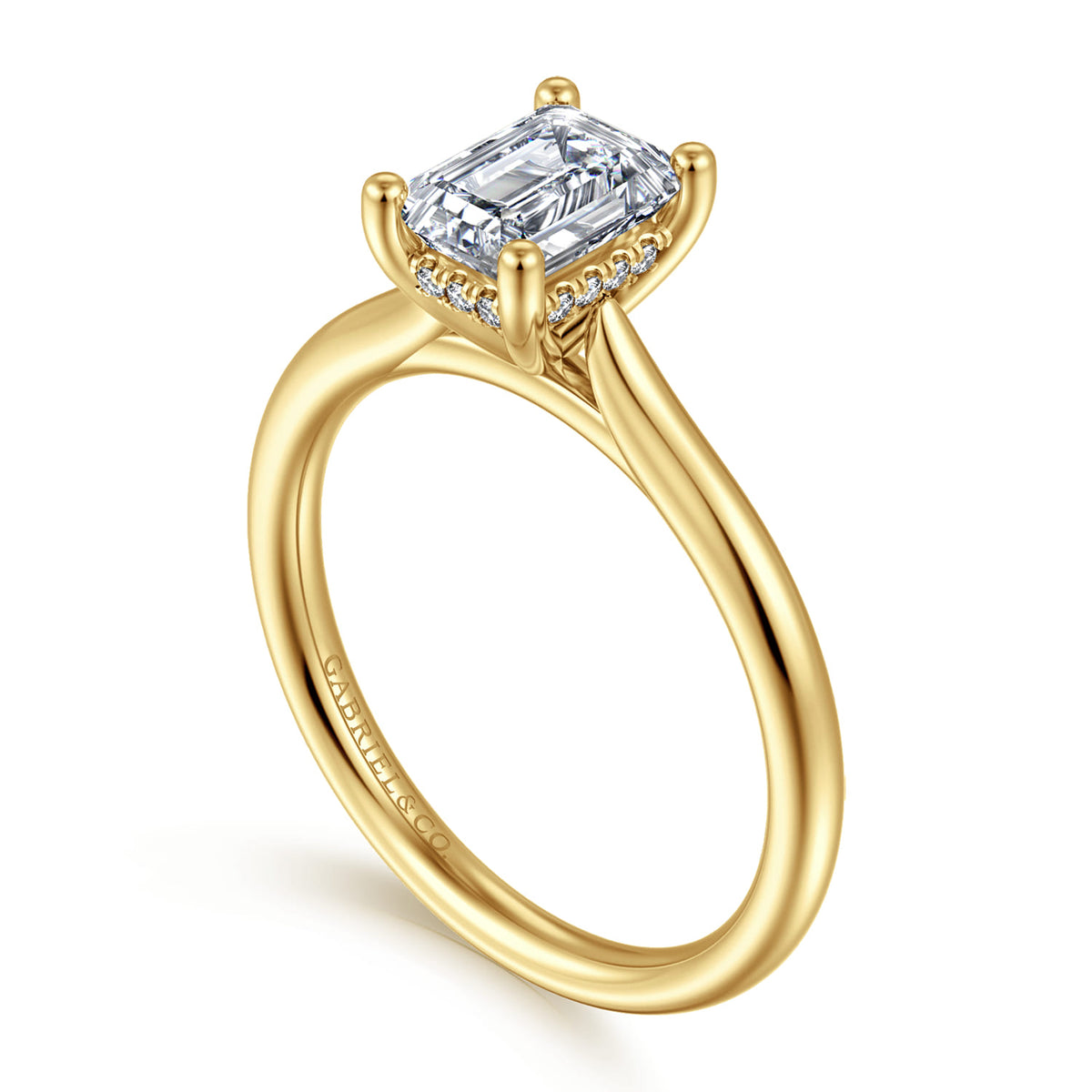 14K Yellow Gold Emerald Cut Solitaire Diamond Engagement Ring — Gabriel & Co. ER16512E4Y44JJ; center stone shown for illustration, not included