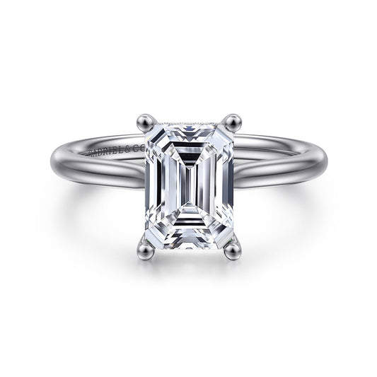 Platinum Emerald Cut Solitaire Diamond Engagement Ring — Gabriel & Co. ER16512E8PT4JJ; center stone shown for illustration, not included