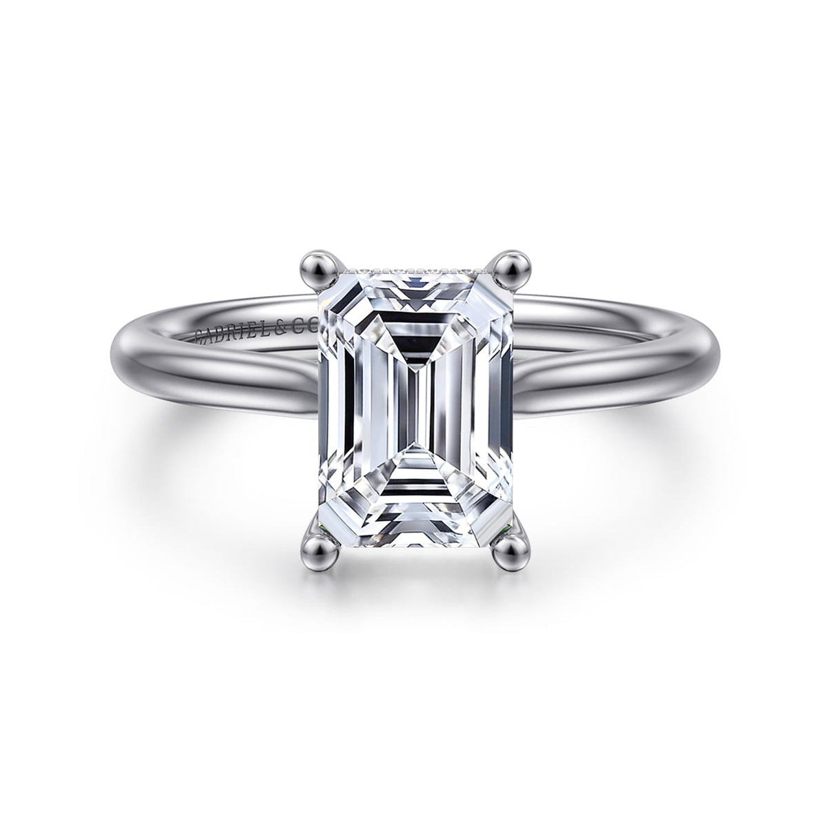 14K White Gold Emerald Cut Solitaire Diamond Engagement Ring — Gabriel & Co. ER16512E8W44JJ; center stone shown for illustration, not included