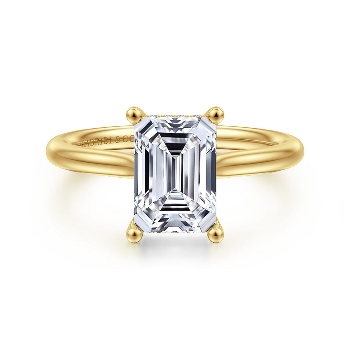 14K Yellow Gold Emerald Cut Solitaire Diamond Engagement Ring — Gabriel & Co. ER16512E8Y44JJ; center stone shown for illustration, not included