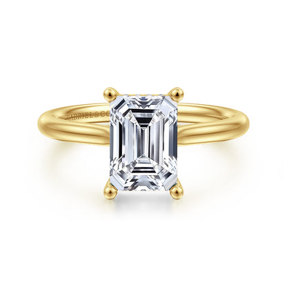 14K Yellow Gold Emerald Cut Solitaire Diamond Engagement Ring — Gabriel & Co. ER16512E8Y44JJ; center stone shown for illustration, not included