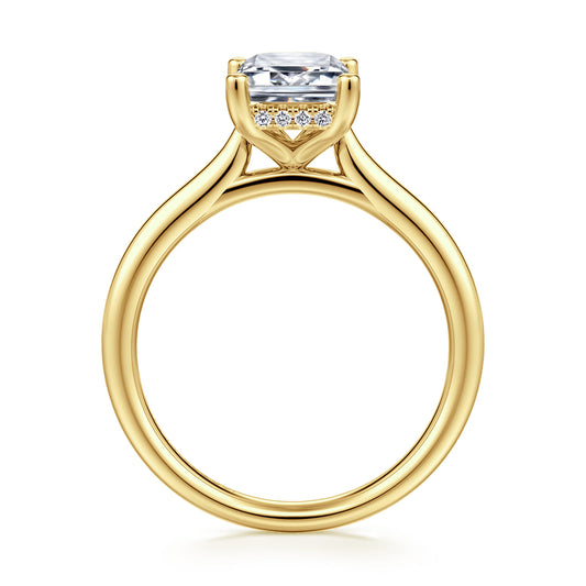 14K Yellow Gold Emerald Cut Solitaire Diamond Engagement Ring — Gabriel & Co. ER16512E8Y44JJ; center stone shown for illustration, not included