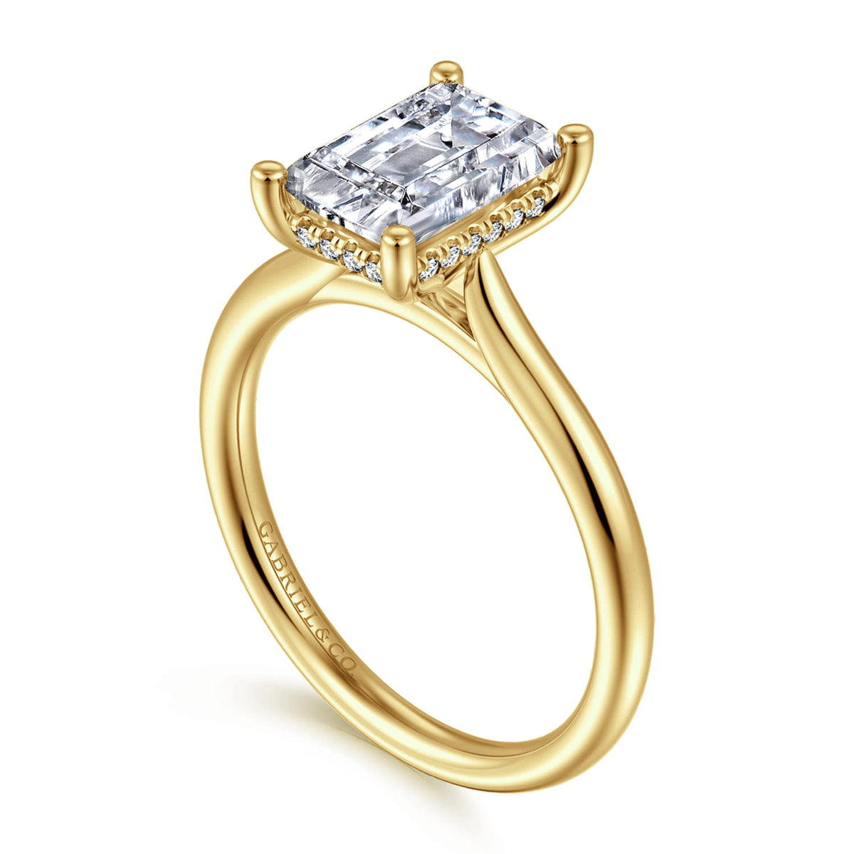 14K Yellow Gold Emerald Cut Solitaire Diamond Engagement Ring — Gabriel & Co. ER16512E8Y44JJ; center stone shown for illustration, not included