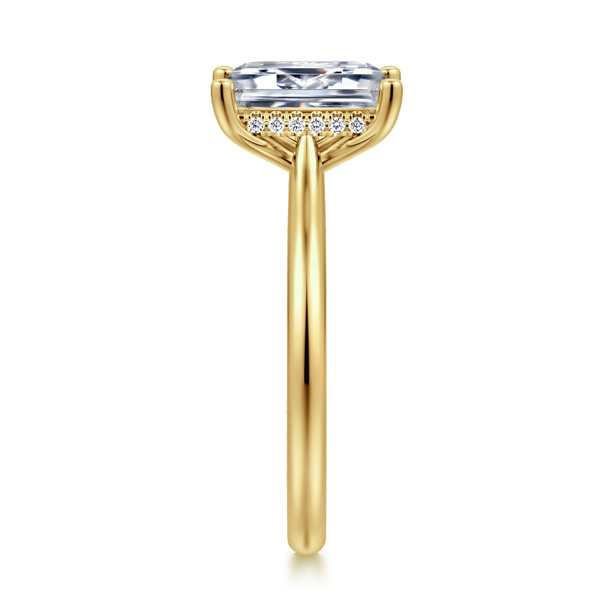 14K Yellow Gold Emerald Cut Solitaire Diamond Engagement Ring — Gabriel & Co. ER16512E8Y44JJ; center stone shown for illustration, not included