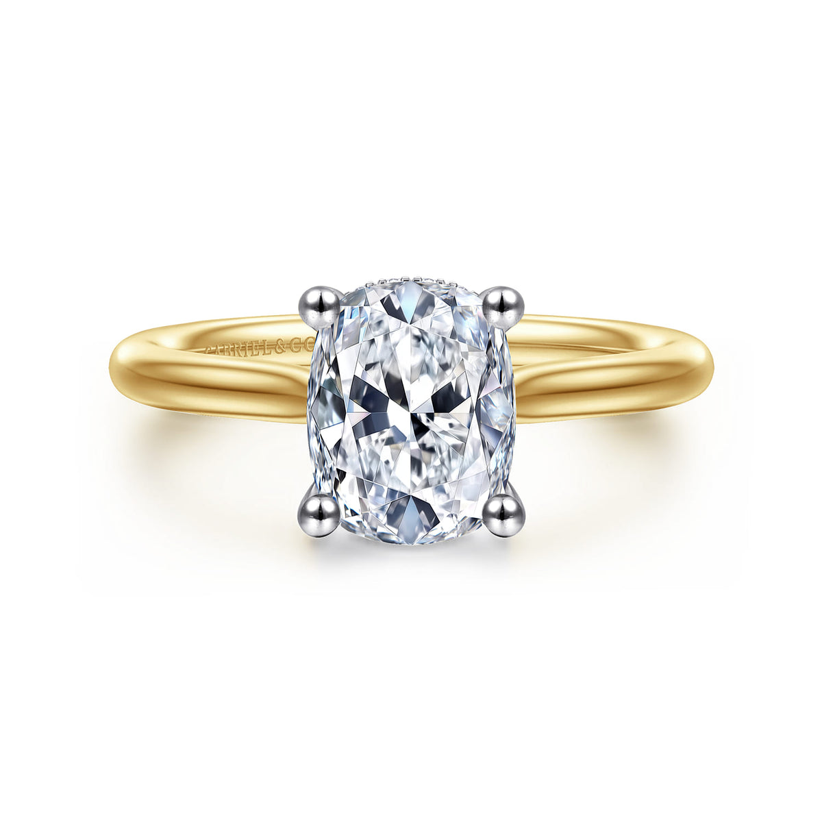 14K White-Yellow Gold Elongated Cushion Solitaire Diamond Engagement Ring — Gabriel & Co. ER16512G8M44JJ; center stone shown for illustration, not included