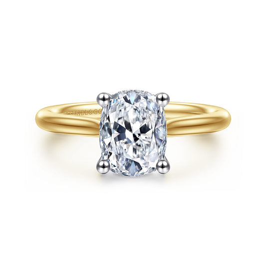 14K White-Yellow Gold Elongated Cushion Solitaire Diamond Engagement Ring — Gabriel & Co. ER16512G8M44JJ; center stone shown for illustration, not included