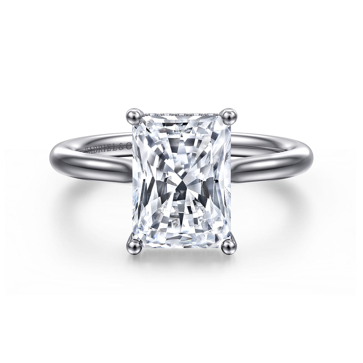 14K White Gold Radiant Cut Solitaire Diamond Engagement Ring — Gabriel & Co. ER16512N12W44JJ; center stone shown for illustration, not included