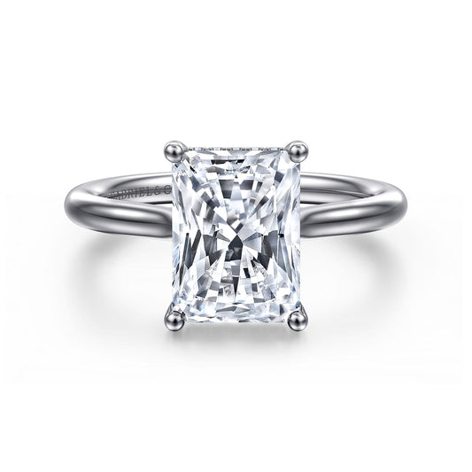 14K White Gold Radiant Cut Solitaire Diamond Engagement Ring — Gabriel & Co. ER16512N12W44JJ; center stone shown for illustration, not included