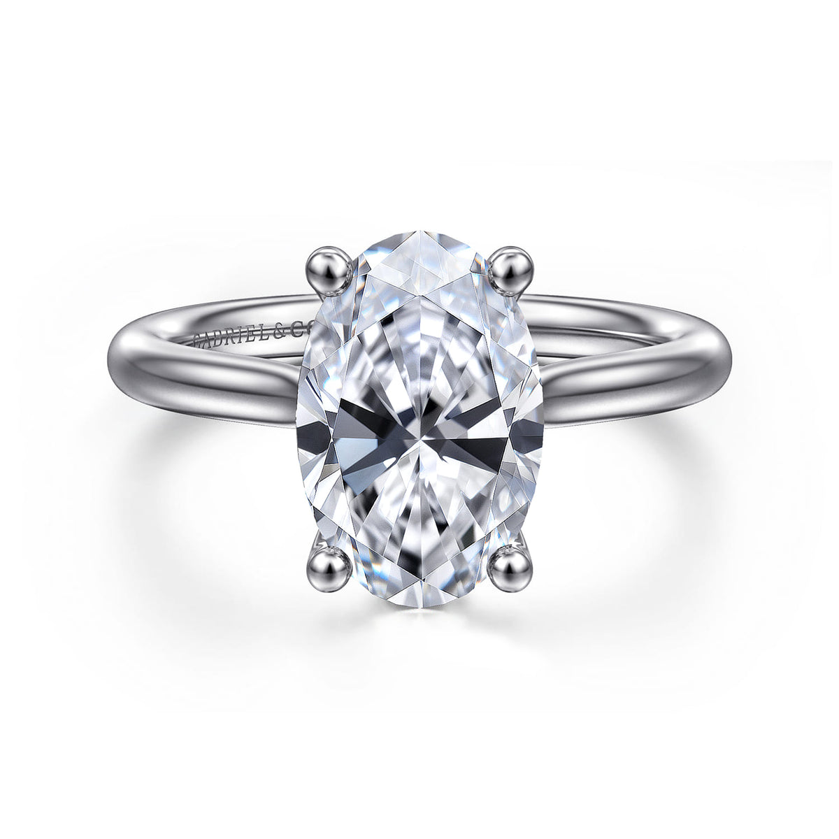 Platinum Oval Solitaire Diamond Engagement Ring — Gabriel & Co. ER16512O12PT4JJ; center stone shown for illustration, not included