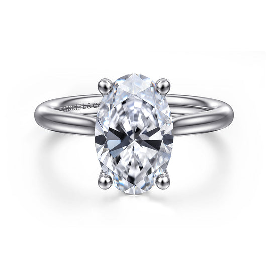 Platinum Oval Solitaire Diamond Engagement Ring — Gabriel & Co. ER16512O12PT4JJ; center stone shown for illustration, not included