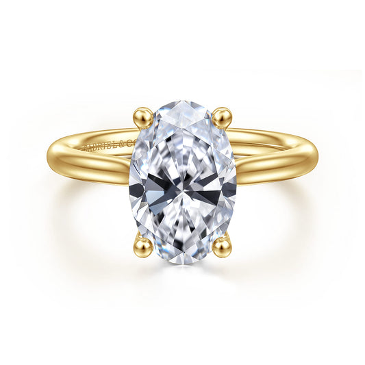 14K Yellow Gold Oval Solitaire Diamond Engagement Ring — Gabriel & Co. ER16512O12Y44JJ; center stone shown for illustration, not included