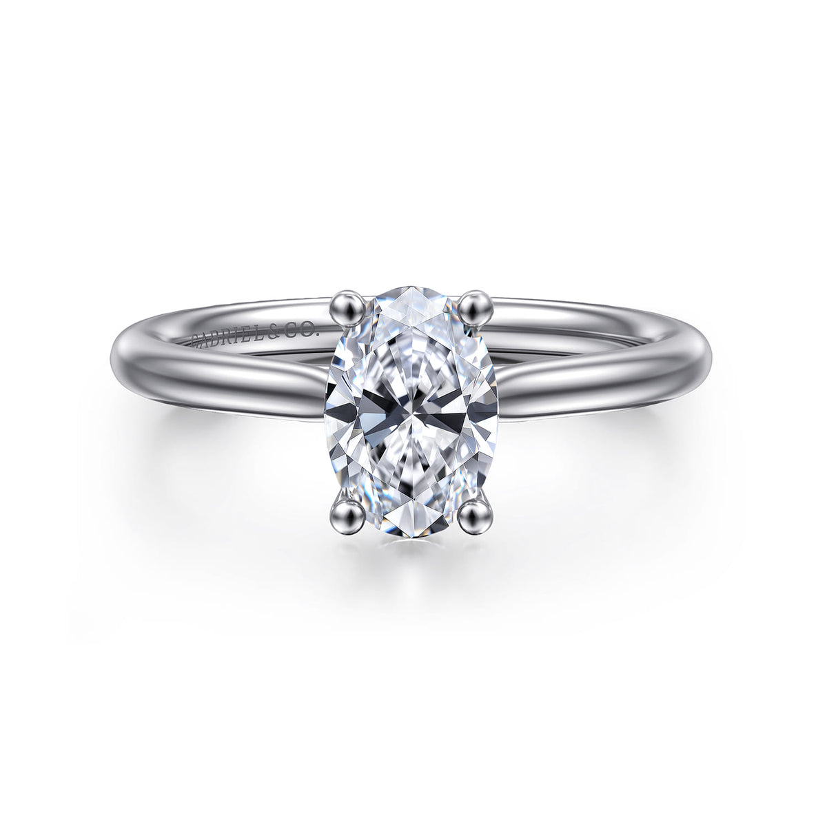 14K White Gold Oval Solitaire Diamond Engagement Ring — Gabriel & Co. ER16512O4W44JJ; center stone shown for illustration, not included