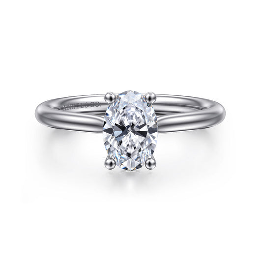 14K White Gold Oval Solitaire Diamond Engagement Ring — Gabriel & Co. ER16512O4W44JJ; center stone shown for illustration, not included
