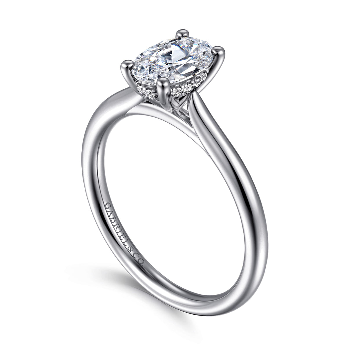 14K White Gold Oval Solitaire Diamond Engagement Ring — Gabriel & Co. ER16512O4W44JJ; center stone shown for illustration, not included