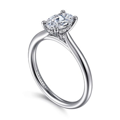 14K White Gold Oval Solitaire Diamond Engagement Ring — Gabriel & Co. ER16512O4W44JJ; center stone shown for illustration, not included