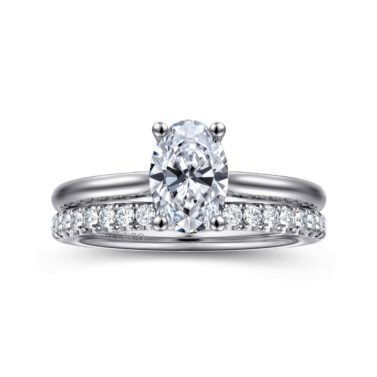 14K White Gold Oval Solitaire Diamond Engagement Ring — Gabriel & Co. ER16512O4W44JJ; center stone shown for illustration, not included