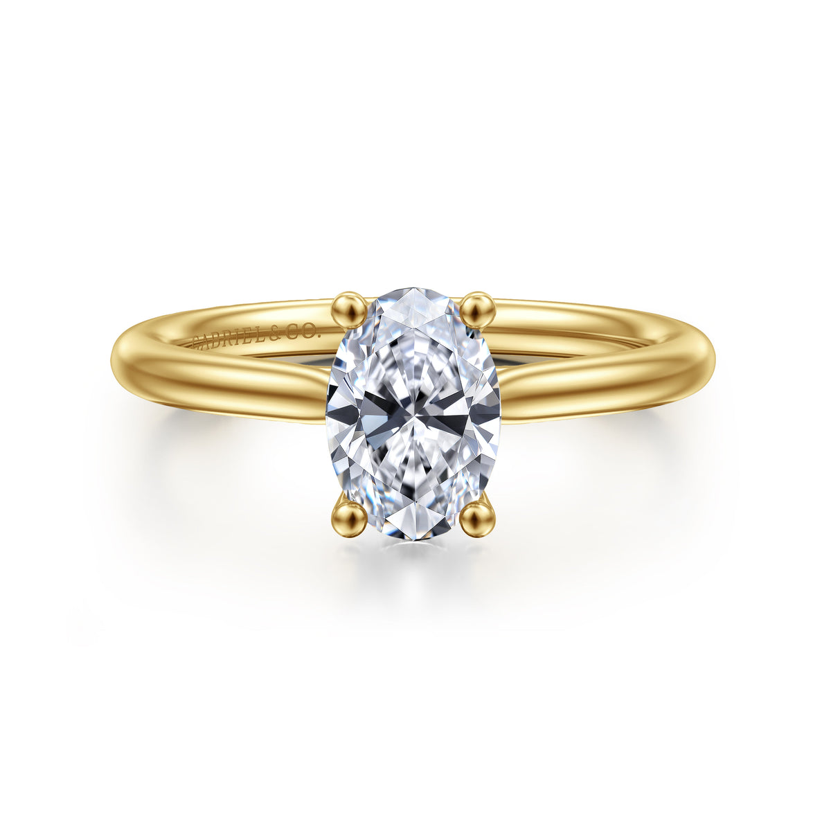 14K Yellow Gold Oval Solitaire Diamond Engagement Ring — Gabriel & Co. ER16512O4Y44JJ; center stone shown for illustration, not included