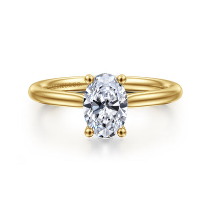 14K Yellow Gold Oval Solitaire Diamond Engagement Ring — Gabriel & Co. ER16512O4Y44JJ; center stone shown for illustration, not included