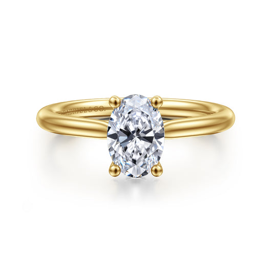 14K Yellow Gold Oval Solitaire Diamond Engagement Ring — Gabriel & Co. ER16512O4Y44JJ; center stone shown for illustration, not included