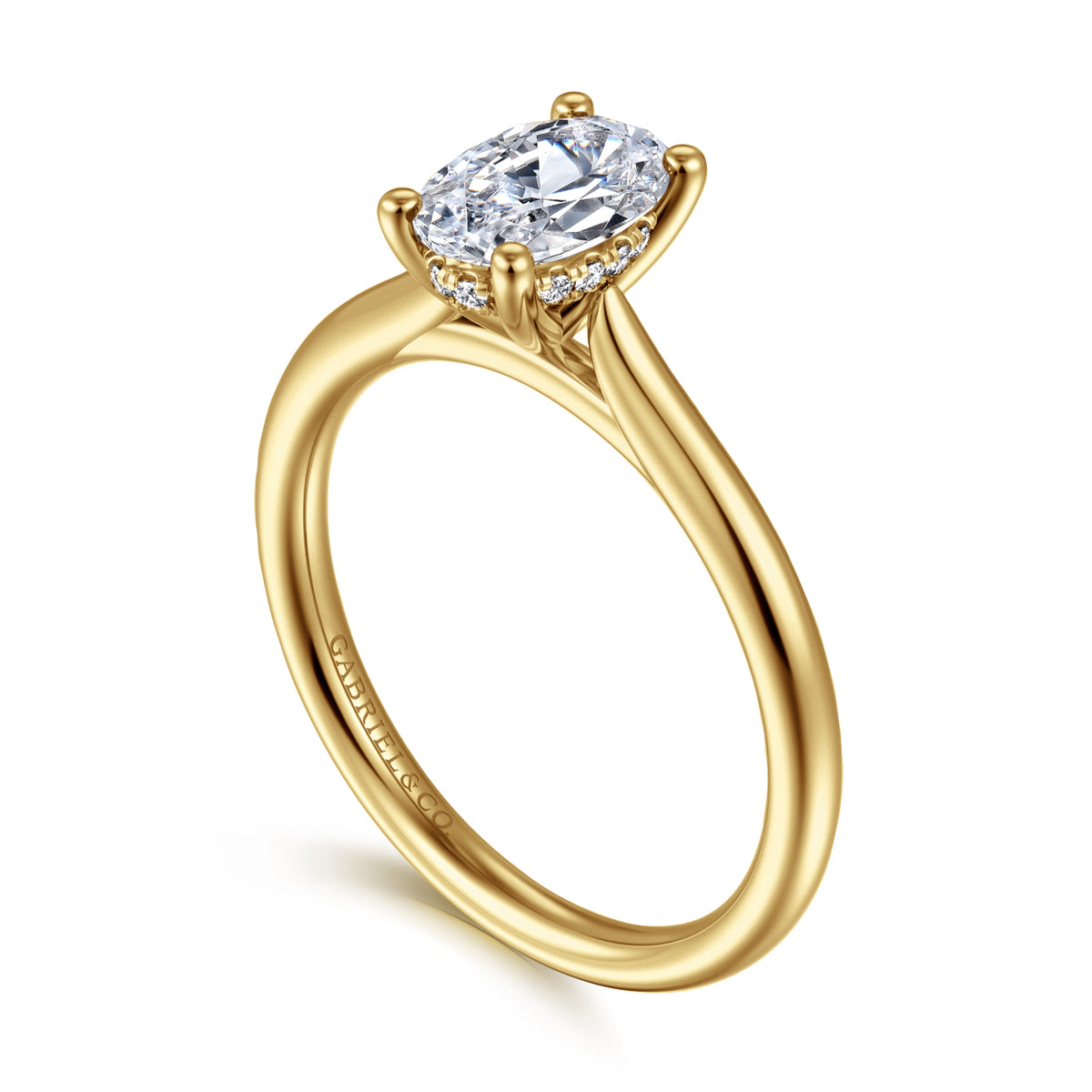 14K Yellow Gold Oval Solitaire Diamond Engagement Ring — Gabriel & Co. ER16512O4Y44JJ; center stone shown for illustration, not included