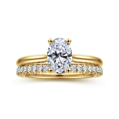 14K Yellow Gold Oval Solitaire Diamond Engagement Ring — Gabriel & Co. ER16512O4Y44JJ; center stone shown for illustration, not included