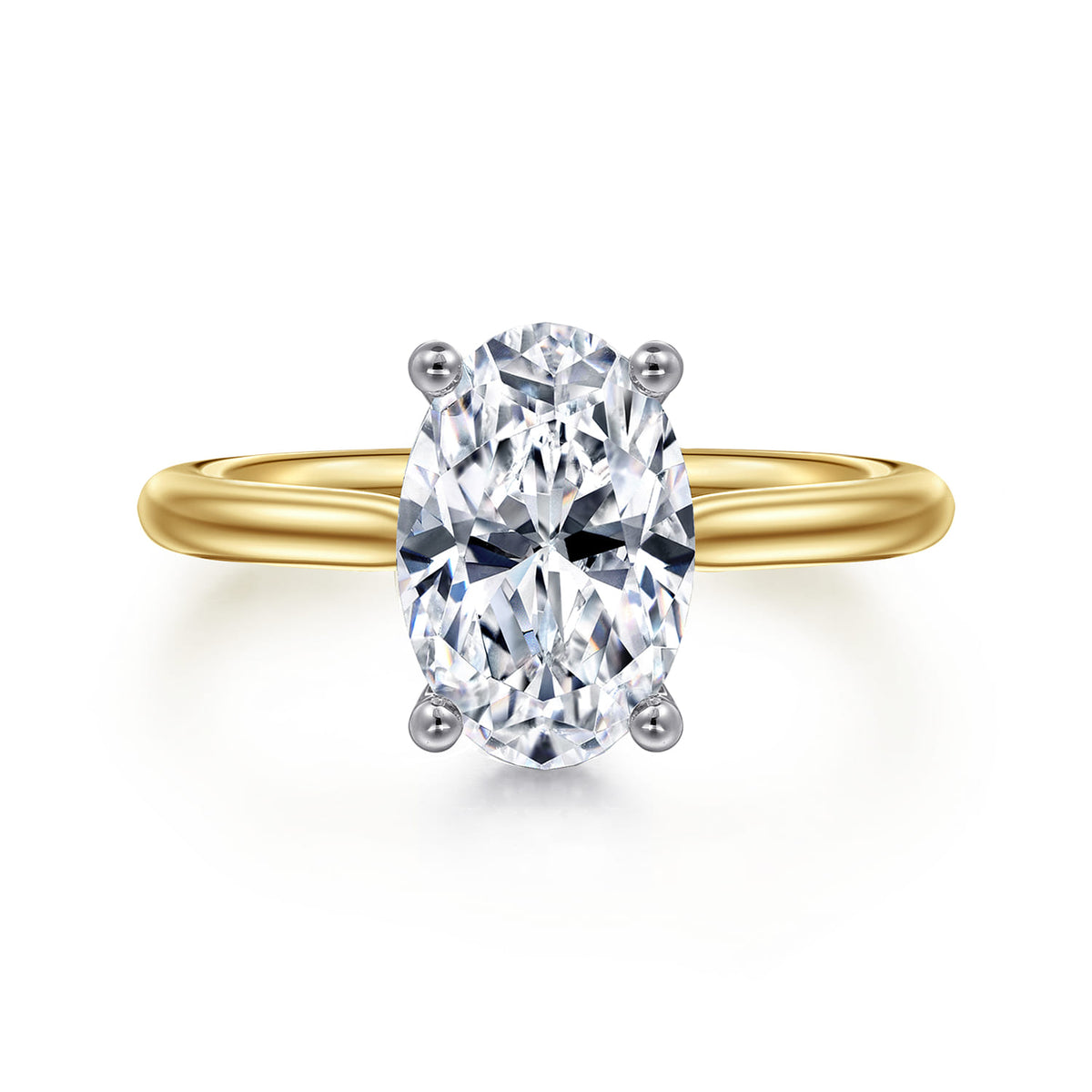 14K White-Yellow Gold Oval Solitaire Diamond Engagement Ring — Gabriel & Co. ER16512O8M44JJ; center stone shown for illustration, not included