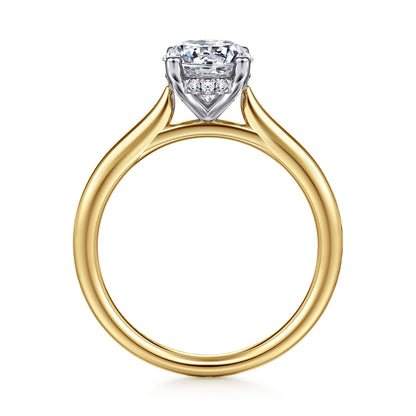 14K White-Yellow Gold Oval Solitaire Diamond Engagement Ring — Gabriel & Co. ER16512O8M44JJ; center stone shown for illustration, not included